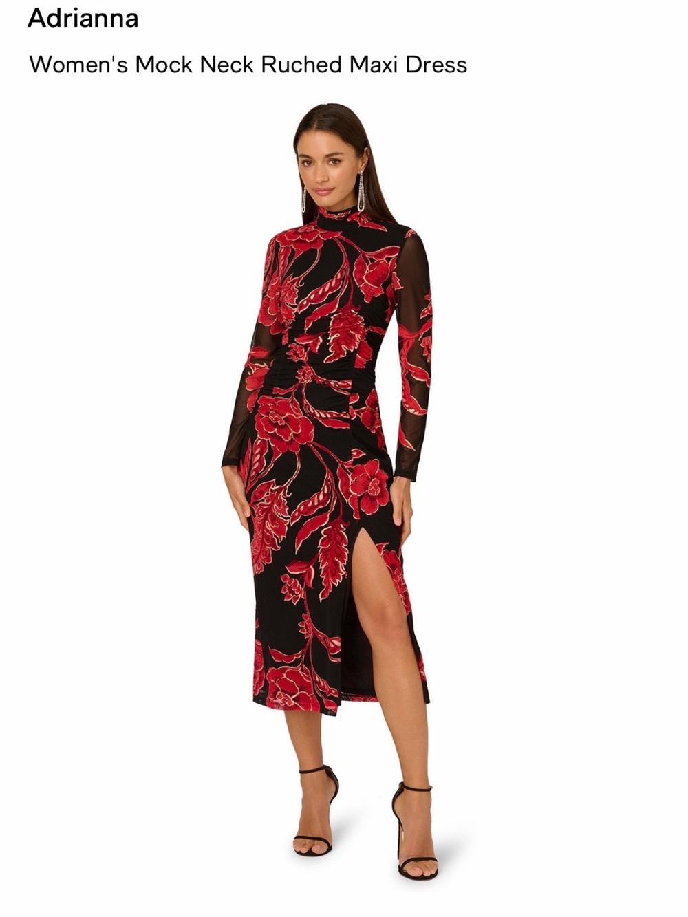 Adrianna Papell Red & Black Mock Neck Ruched Maxi Dress 3D floral / small